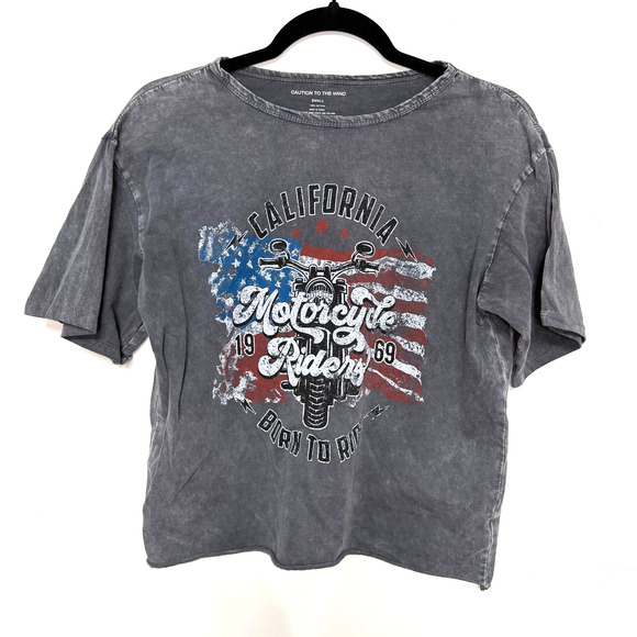 Caution To The Wind Womens M Gray Burnout Crop Tee Motorcycle Graphic Y2K - Picture 1 of 4
